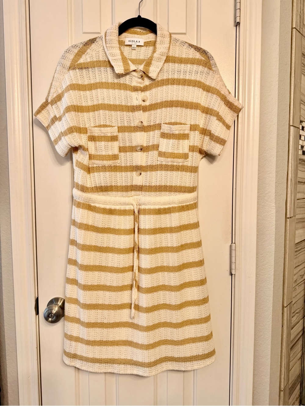 Gilli Cream and Tan Striped Knit Polo Dress with skirt lining